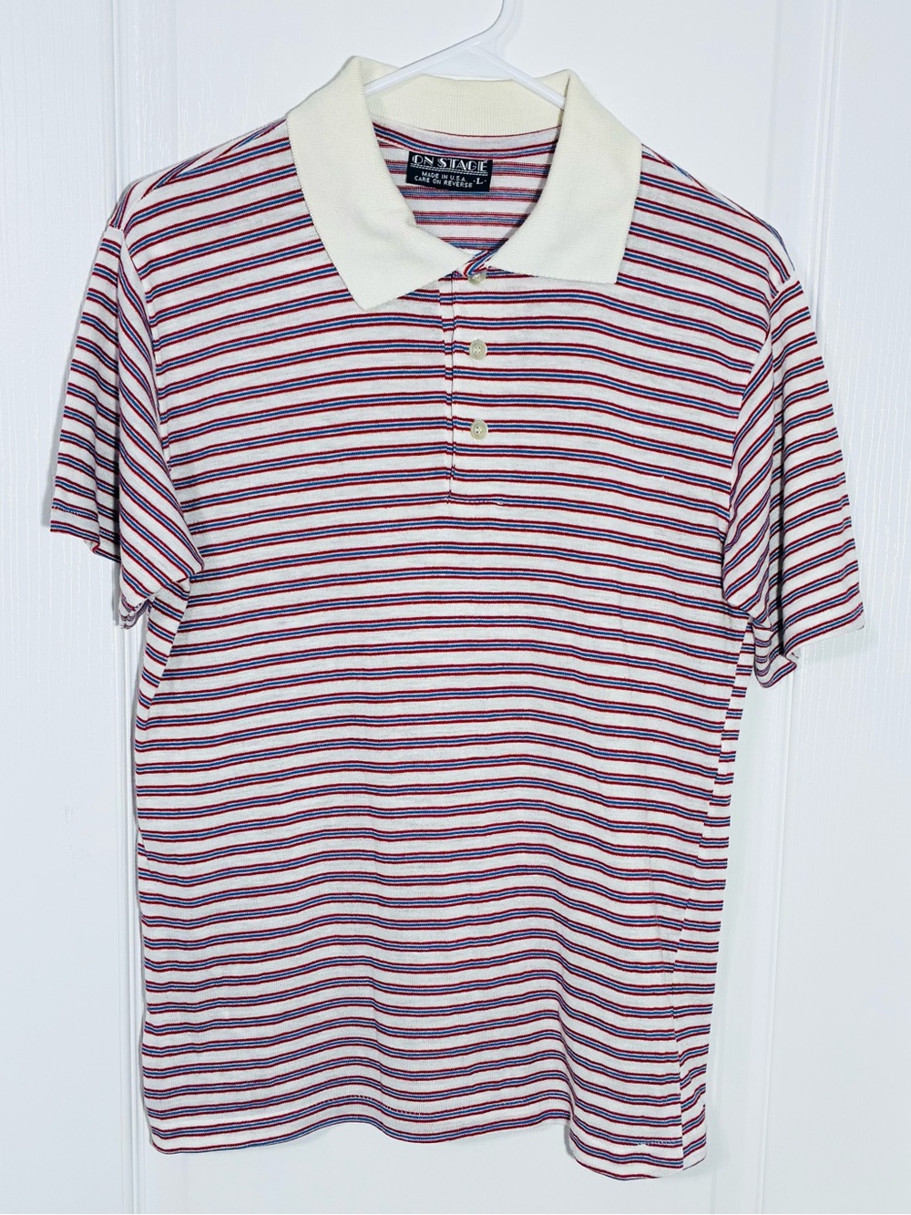 VTG 90s On Stage USA MADE Striped Polo Shirt White Red Navy Men’s Large
